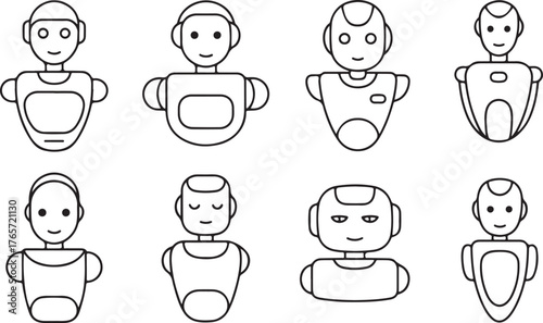 Set of Robot Torso and Head Icons - Humanoid AI Avatar Outline Vector