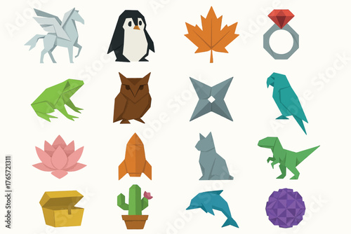 Origami Animal, Object, and Nature Icon Set