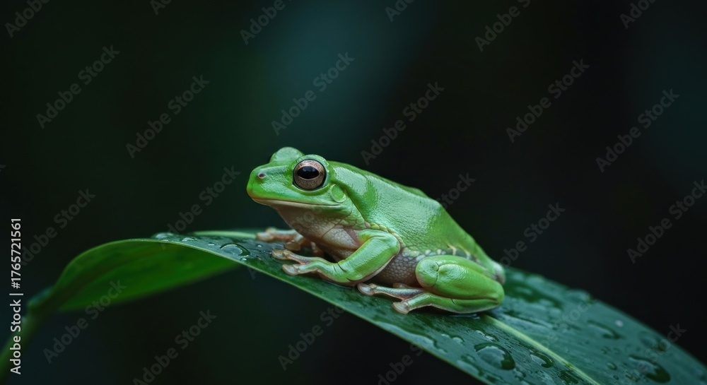 Naklejka premium Green tree frog perched on a glossy leaf in the shadows, facing forward