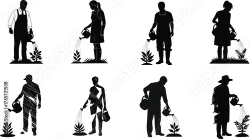 Silhouette, people, watering, plants, gardening, care, nature, growth, environment, sustainability, teamwork, black, illustration, nurturing, leaves, droplets, outdoor, eco, activity, lifestyle