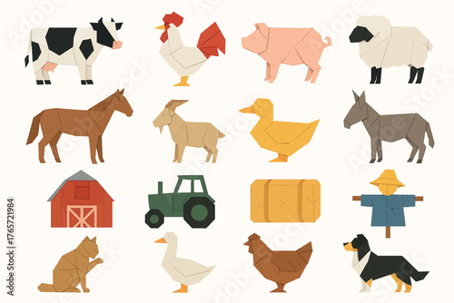 Origami Farm Animal and Equipment Icons Set
