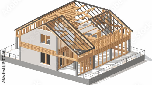 Isometric view of a house under construction showcasing its wooden frame and unfinished exterior walls
