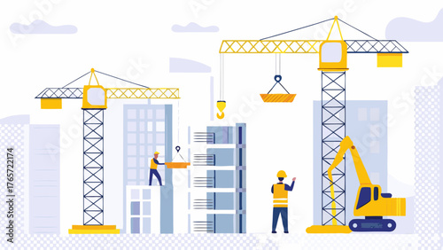 Modern construction site with yellow cranes and workers building skyscrapers in a city landscape