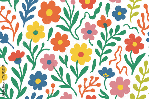 Vibrant seamless pattern featuring abstract colorful flowers and botanical elements on a bright white background