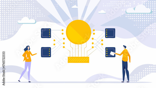 Two people interacting with a glowing central sun like object connected to digital nodes representing data processing and network connections