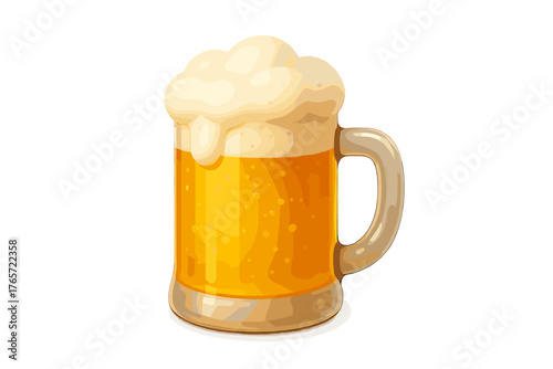 Stylized glass mug filled with golden beer and thick white foam overflowing the rim