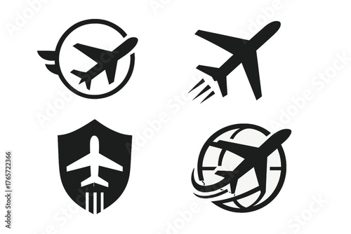 Four minimalist airplane symbols for travel, aviation, and global logistics concepts