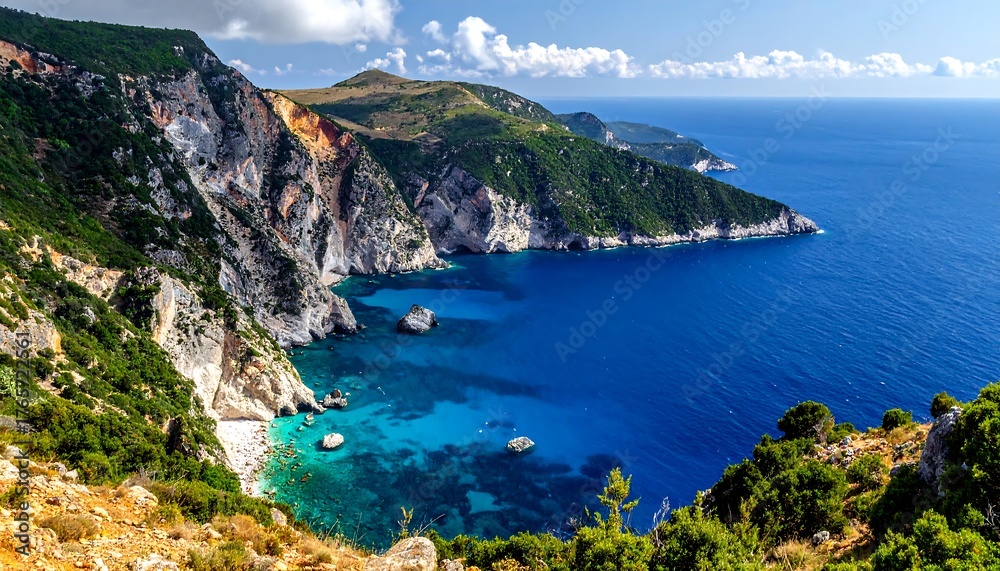 Obraz premium Lush coastal cliffs overlook a vibrant turquoise sea under a bright, partly cloudy sky