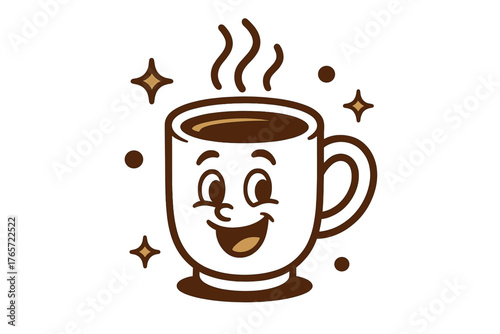 Cheerful hot coffee mug mascot character steaming with happiness and energy