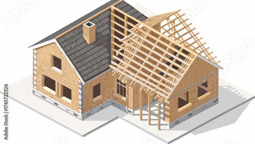 Isometric view of a house under construction with exposed wooden roof framing and brick walls