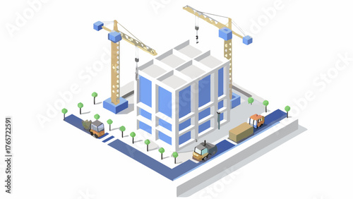 Isometric view of a modern building under construction with cranes and delivery trucks on a white background