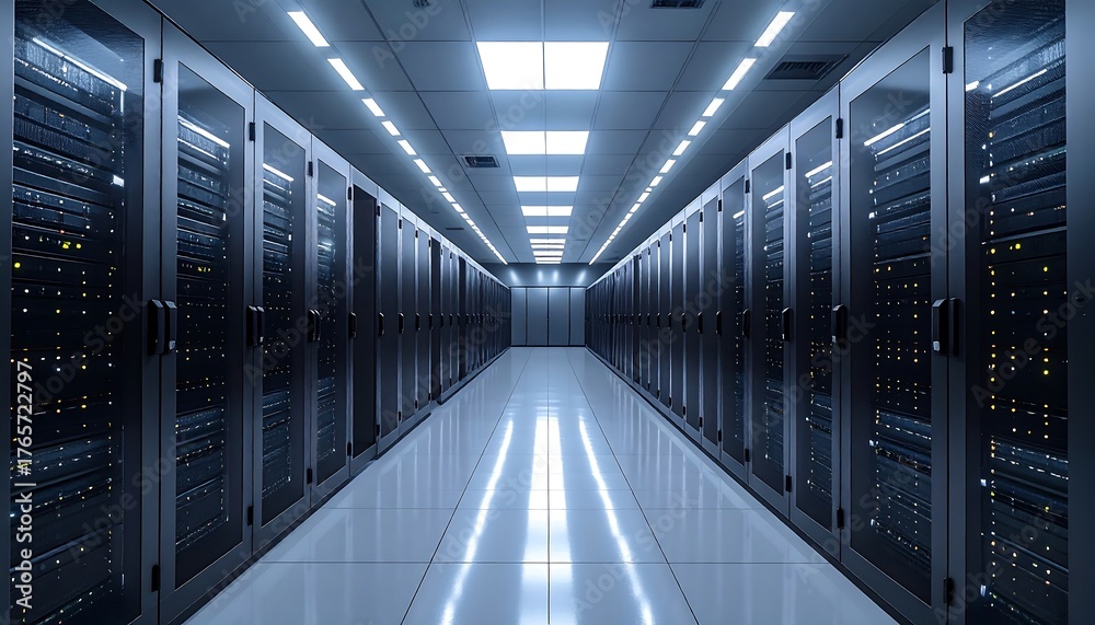 Fototapeta premium Rows of server racks fill a brightly lit, reflective hallway; blue hue, centralized perspective, clean and modern design