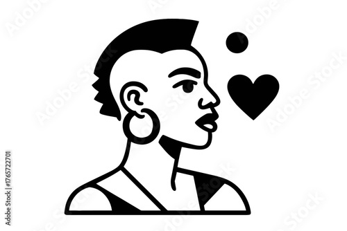 Minimalist profile portrait of a person with a bold hairstyle, large earring, and floating heart symbol