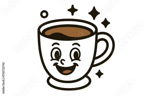 Cheerful coffee cup mascot character smiling with sparkling energy design