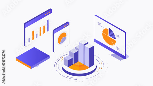 Isometric illustration of digital analytics and data visualization with charts and graphs on screens for business insights