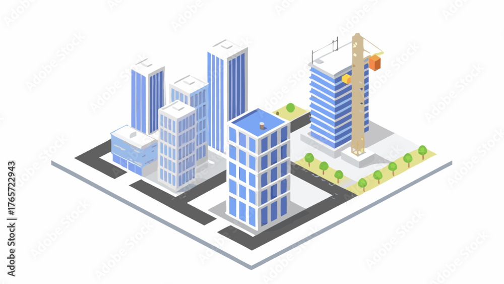 Fototapeta premium Isometric view of a modern city skyline with skyscrapers under construction and a prominent crane working on a new building