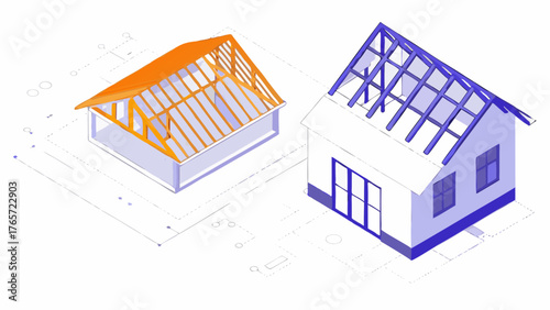 Isometric illustration of two houses under construction showing different stages of roof framing and blueprints in the background