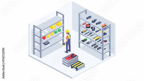Isometric illustration of a warehouse worker organizing tools and supplies on shelves in a storage facility
