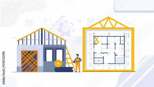 Construction worker overseeing house blueprint and unfinished building exterior with architectural elements and tools