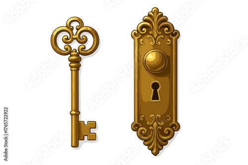 Ornate golden skeleton key resting next to an antique door plate with a keyhole and knob