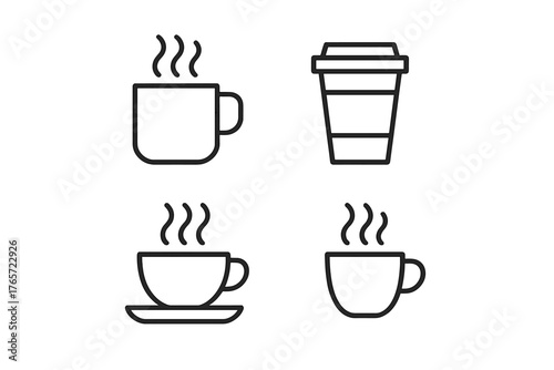 Steaming hot drinks outline icons set including coffee mugs and disposable takeaway cups