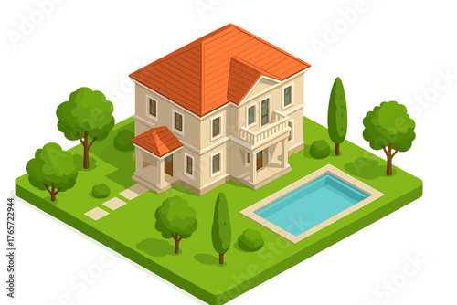 Luxury suburban house with swimming pool and green garden in isometric view