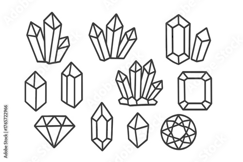 Set of minimalist outline icons featuring natural crystals and faceted gemstones