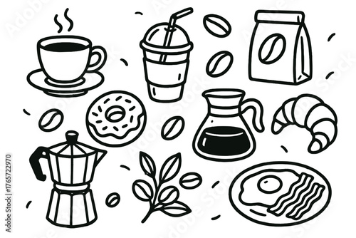 Stylized black outline drawings of coffee cups brewing tools beans and morning breakfast foods