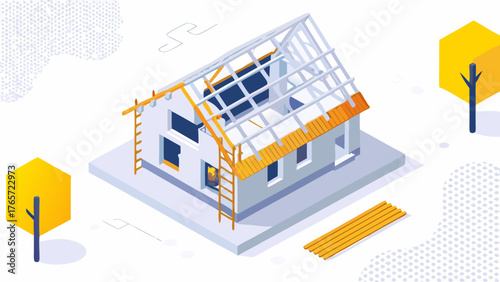 Isometric illustration of a house under construction with exposed roof framing and building materials on a white background
