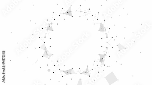 Abstract digital network of interconnected nodes and lines forming a circular structure with scattered elements on a white background