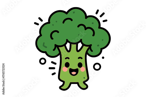 Cute green broccoli floret character standing with a happy smiling face and rosy cheeks