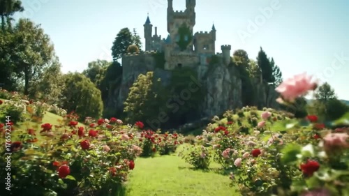 Stunning castle atop cliff overlooks vibrant rose garden on sunny day