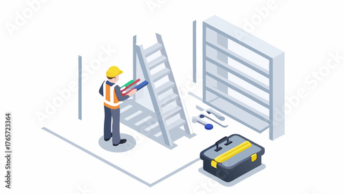 Construction worker in hard hat and safety vest holding colorful blueprints near ladder and toolbox ready for project