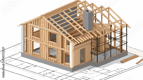 Isometric illustration of a house under construction showing wooden framing and scaffolding on a blueprint background