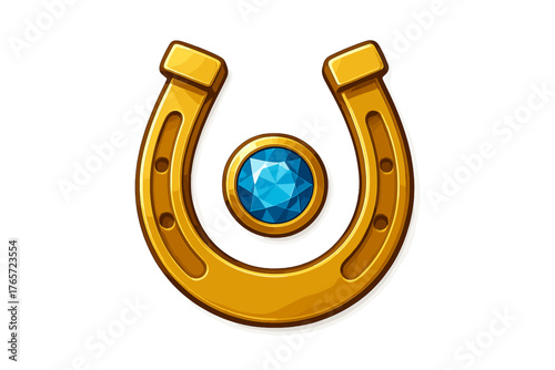 Golden horseshoe symbol of luck and fortune featuring a sparkling blue gemstone