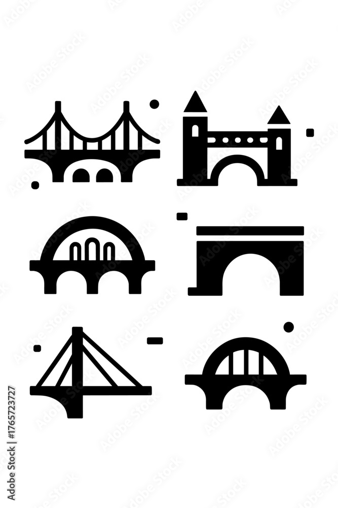 Fototapeta premium Set of architectural icons featuring various bridge designs including suspension arch and cable stayed structures