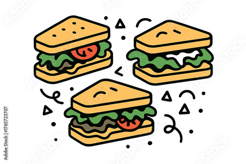 Three delicious club sandwiches with fresh ingredients and decorative elements