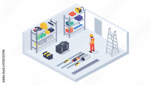Isometric view of a construction worker in a storage room with tools equipment and shelves filled with supplies