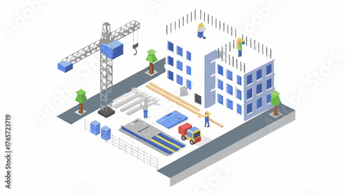 Isometric view of a construction site with buildings crane workers and materials on a white background