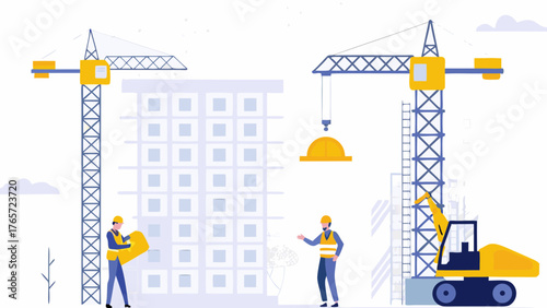 Modern flat illustration of construction site with cranes building a high rise apartment complex with workers and equipment
