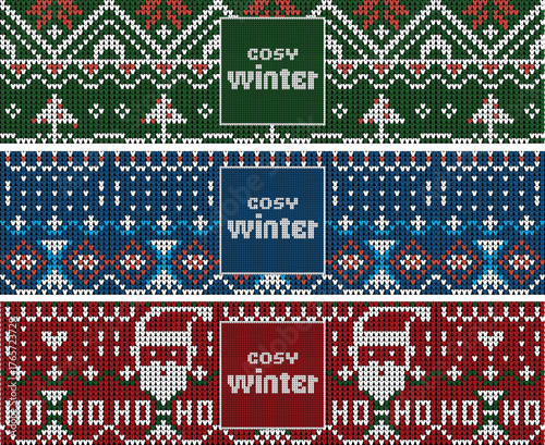 Christmas Set of three holiday horizontal banners with cosy winter knitted sweater texture in red, blue, and green, featuring Santa, trees, and hearts.