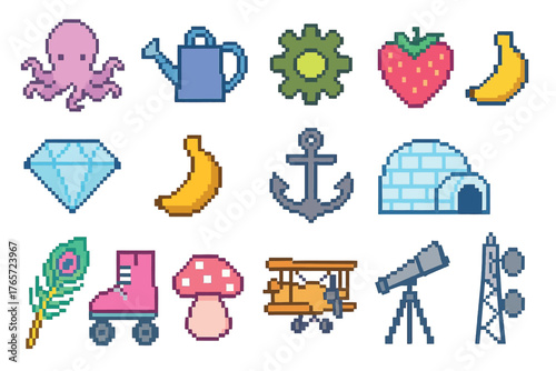 Pixel Art Icons Collection with Octopus, Gear, Banana, and More