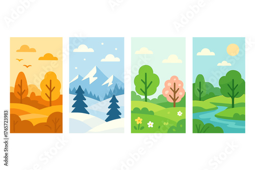 Four vertical landscapes depicting autumn winter spring and summer seasons