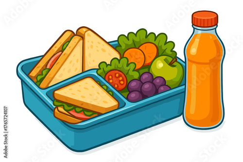Healthy school lunch box with sandwiches, grapes, green apple, carrots, and juice bottle