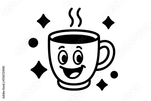 Cheerful coffee cup mascot smiling brightly with hot steam and sparkling energy elements
