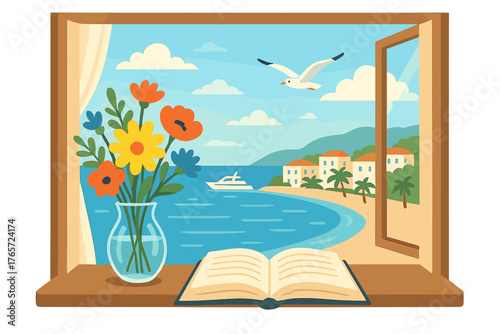 Summer view through an open window with flowers, a book, and a sunny Mediterranean beach scene