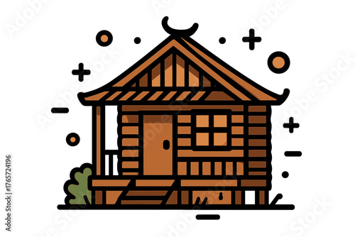Traditional Southeast Asian wooden stilt house with crescent moon roof ornament and abstract elements