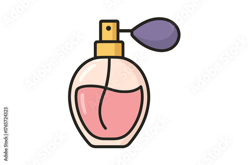 Classic perfume bottle with pink liquid and vintage atomizer bulb sprayer on white background