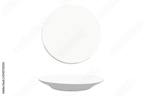 Simple round white ceramic plate shown in top view and side view perspectives