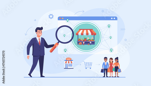 Vivid illustration of a businessman examining a digital marketplace with a magnifying glass, showcasing local SEO and e-commerce concepts, with customers shopping online and a small shop icon